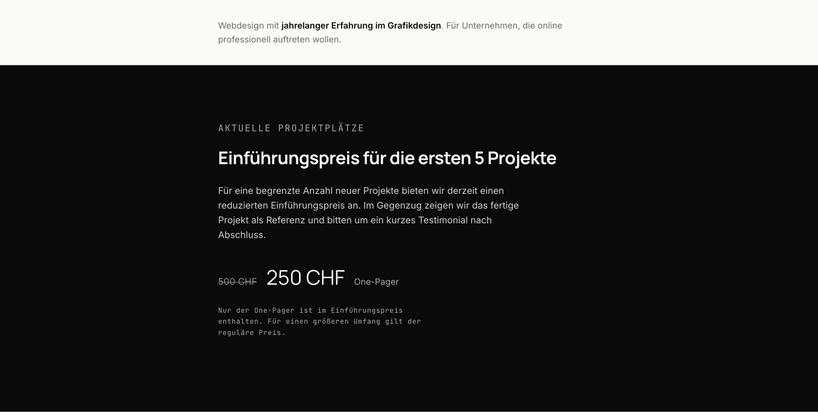 Cleanframe website: introductory pricing section