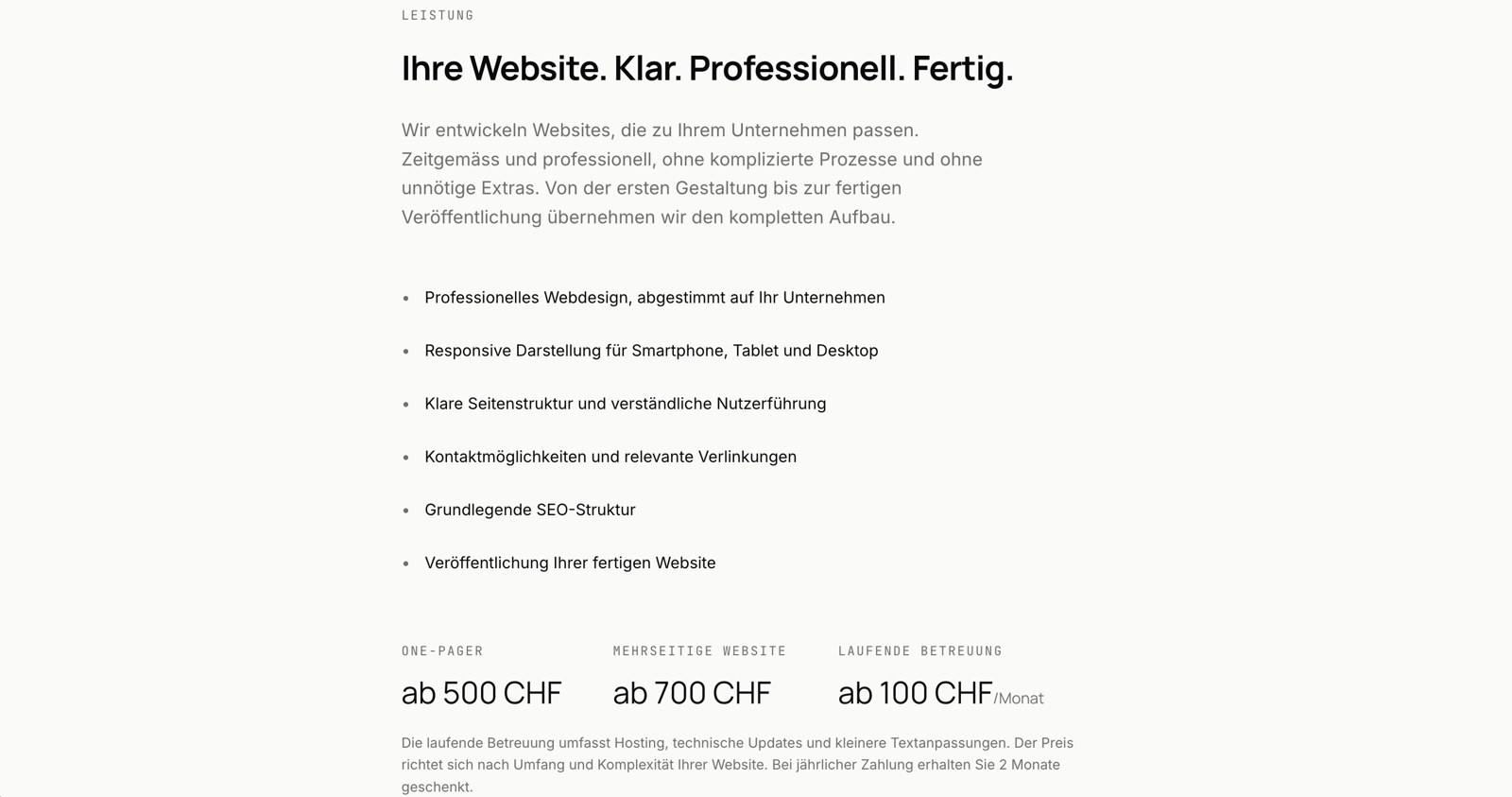 Cleanframe website: services and pricing section