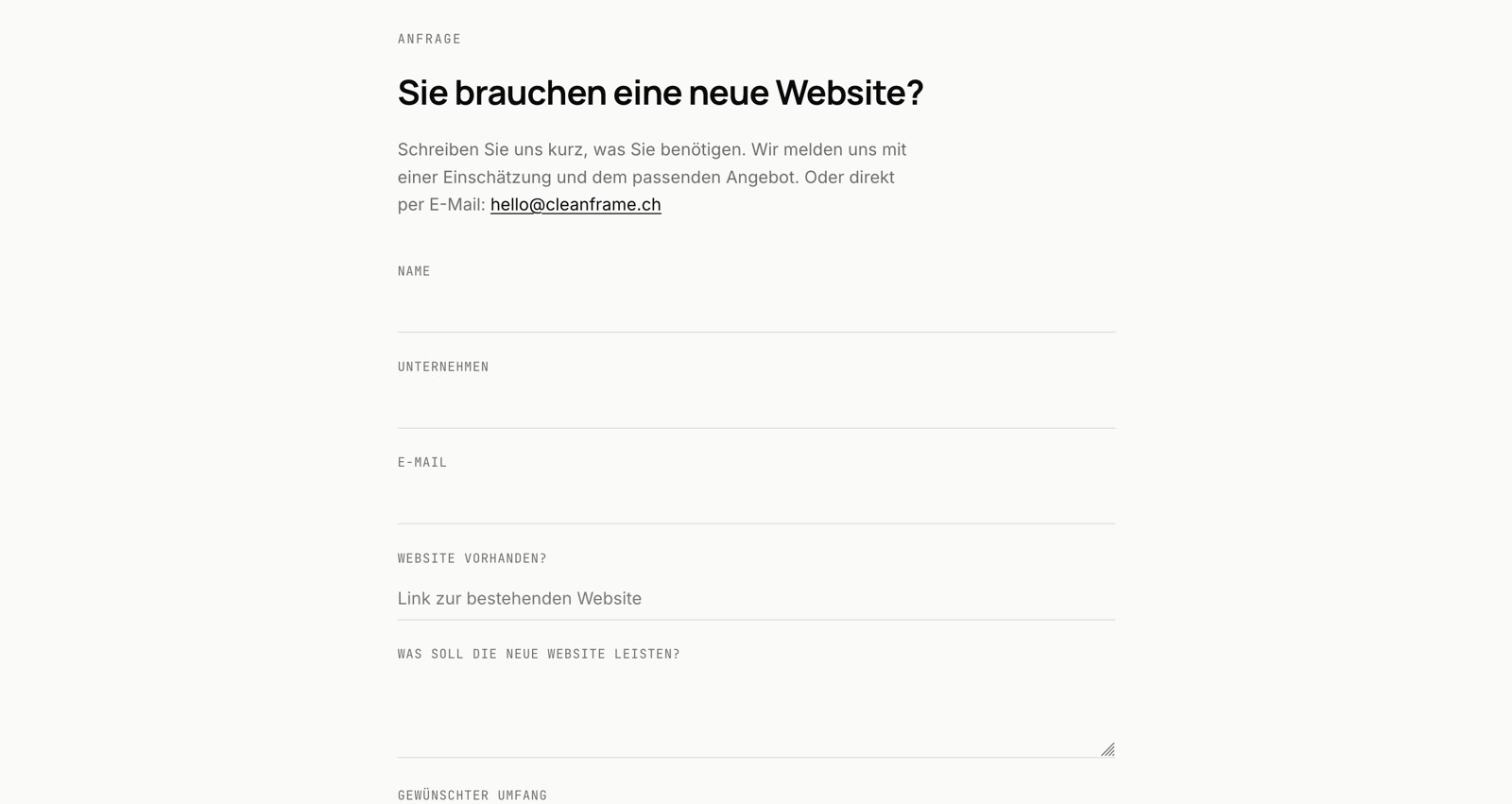 Cleanframe website: contact form