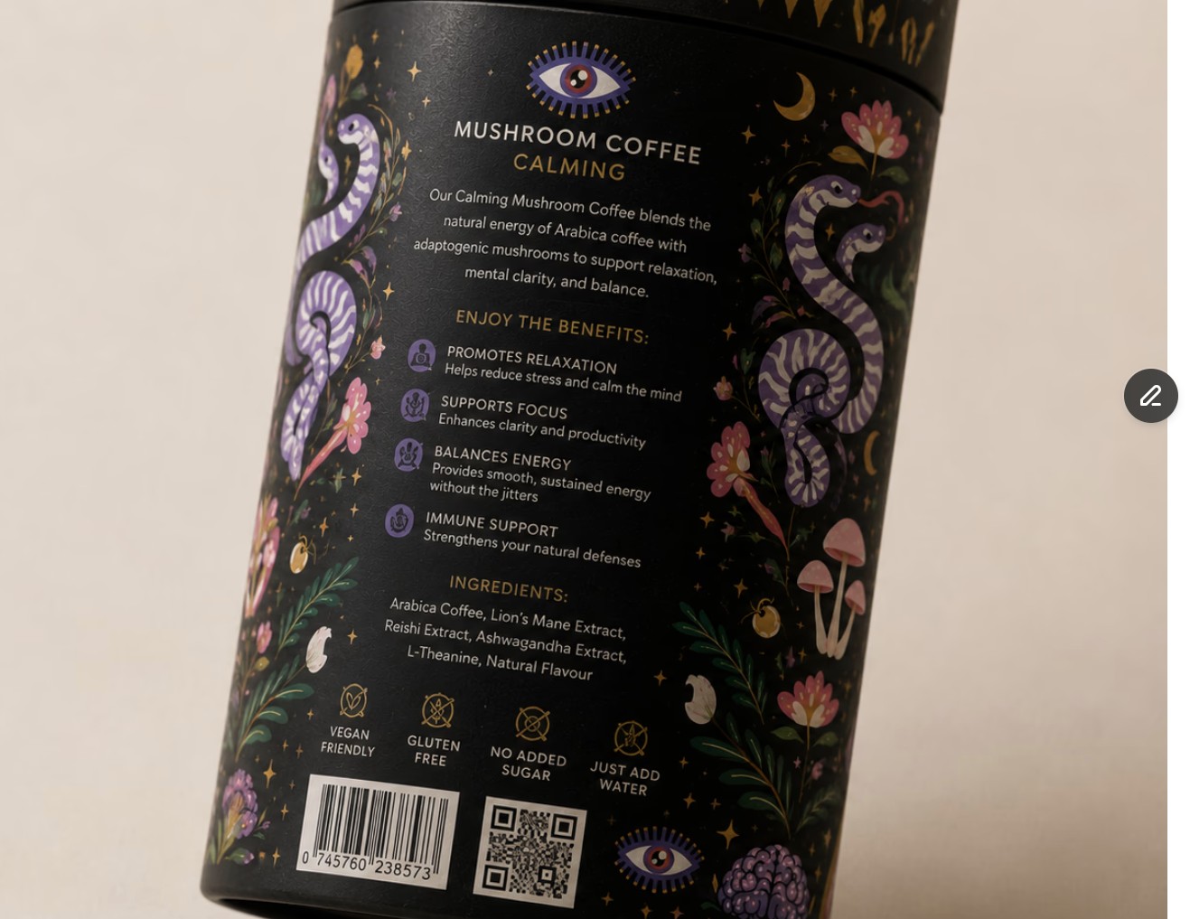 Nøra Mushroom Coffee back panel with product info