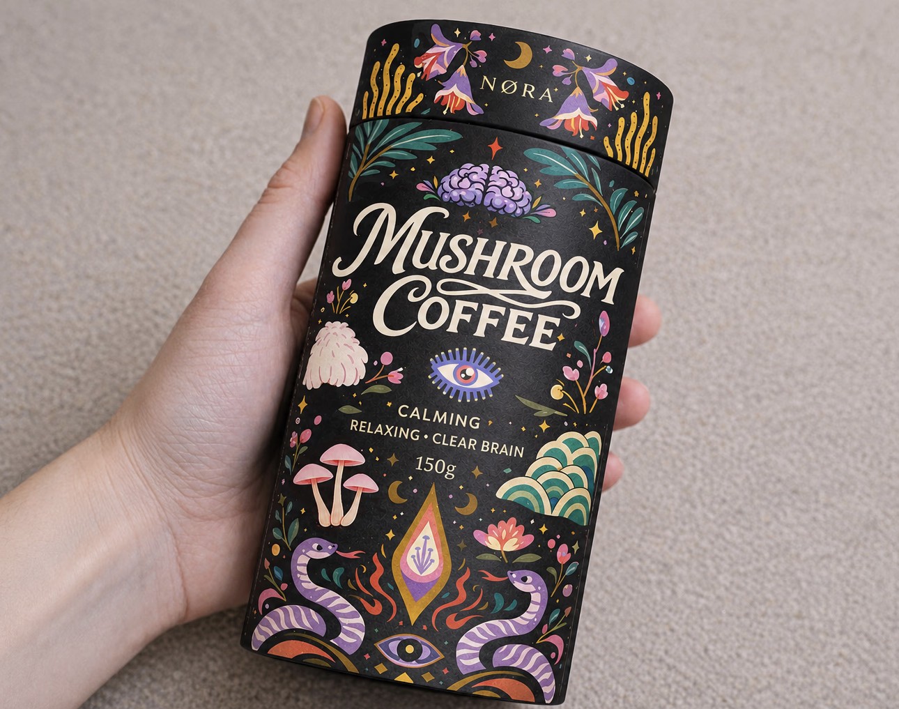 Nøra Mushroom Coffee held in hand